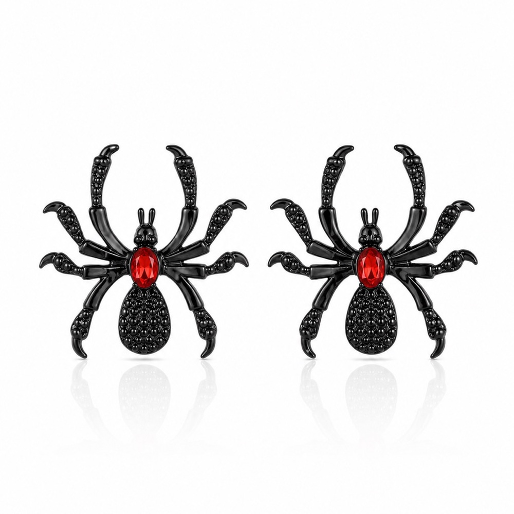 Black Spider Statement Earrings with Red Accent